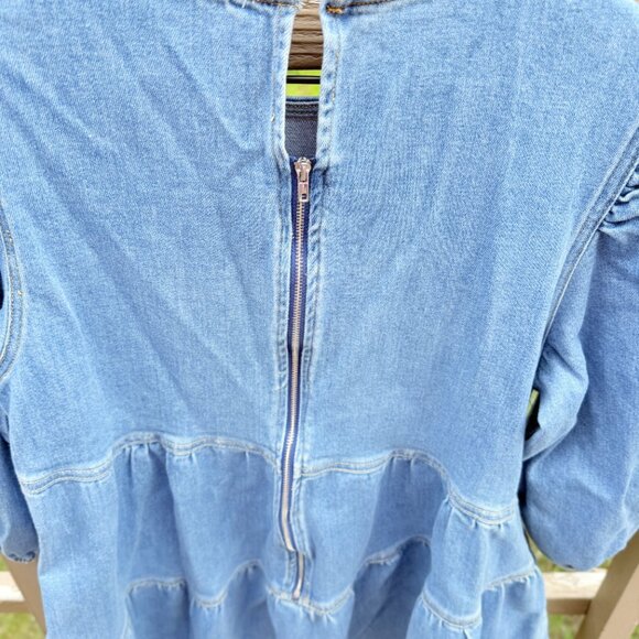 EUC Aaron & Amber Denim Tiered Mini Puff-Sleeve Dress - Picture 8 of 10